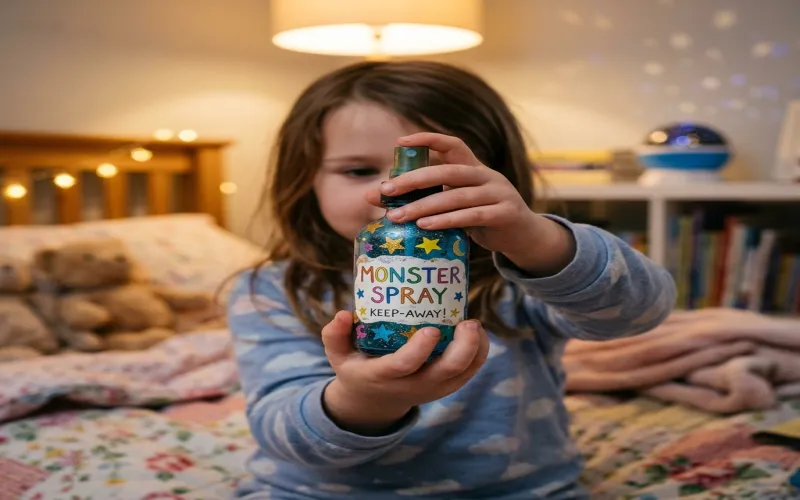 Child holding a magical monster spray bottle